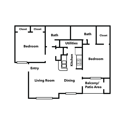Floor plan for 2 beds, 2 baths, 920 sqft